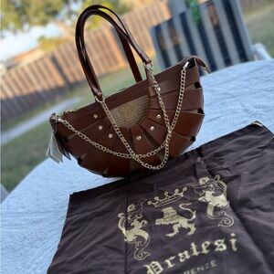 Pratesi Firenze Cognac Italian Leather Fan Crossbody Satchel Purse.